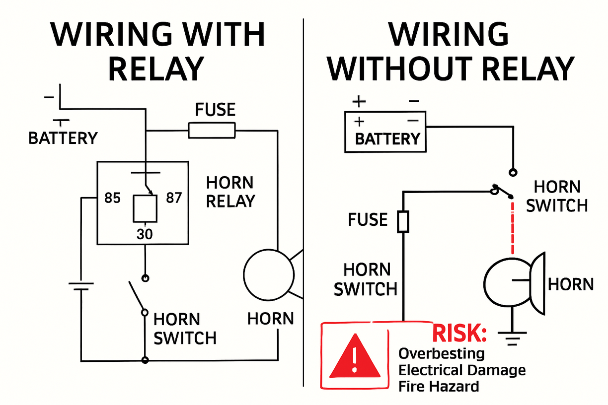 A side-by-side comparison of a car horn wiring diagram with and without a relay, highlighting the potential risks of bypassing the relay.