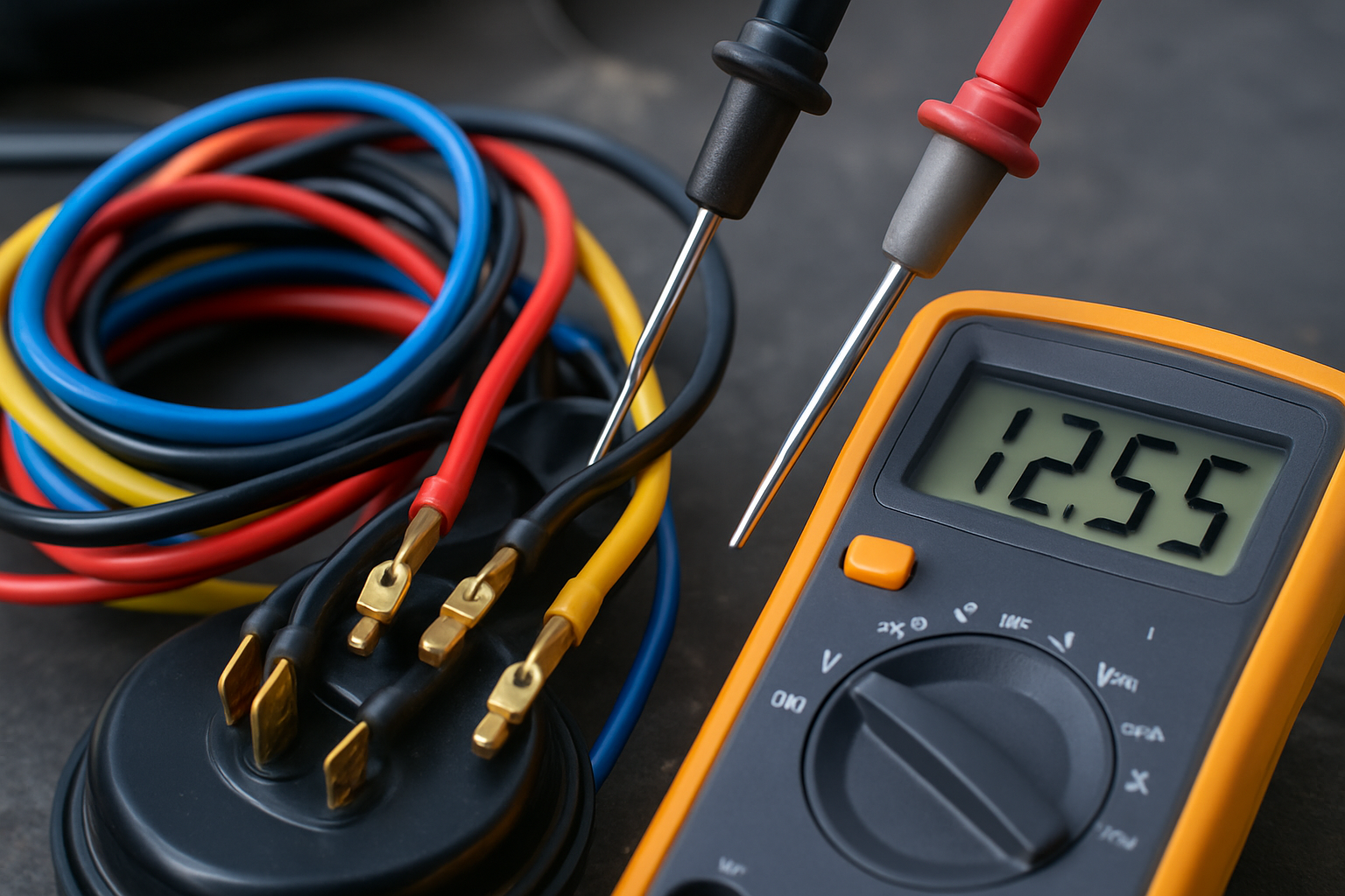 An assortment of car horn power wires in various colors, with a multimeter testing the voltage