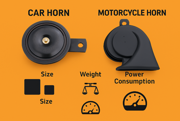 A side-by-side comparison of a car horn and a motorcycle horn, highlighting size, weight, and power consumption differences