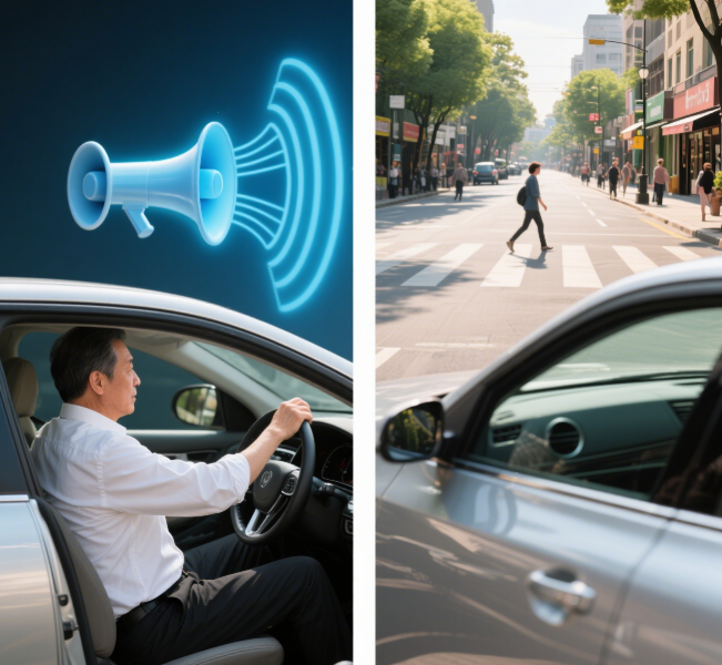 A split image showing a car horn sound wave and a driver appropriately using their horn in a traffic situation