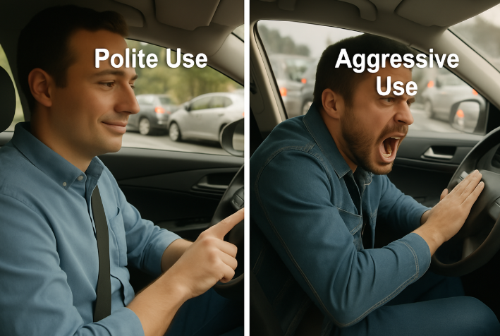 An image depicting a driver giving a polite, short "beep" to alert another driver, contrasted with an image of a driver aggressively laying on the horn.
