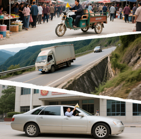 A collage of different scenarios where a car horn might be used, such as alerting a pedestrian, warning another driver, or signaling a greeting.