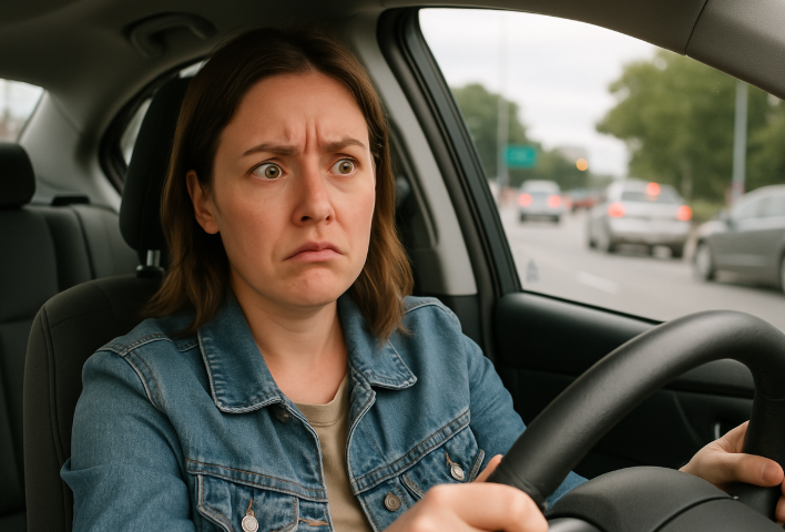 A driver looking confused after hearing three honks from another car.